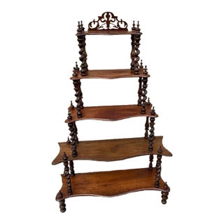 Antique Victorian English Style Walnut and Mahogany O Display Stand Etagere Curio Bookshelf For Sale