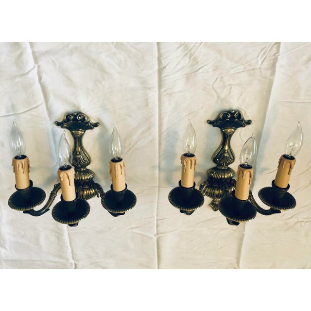 French 1960s 3-Light French Boudoir Sconces - a Pair For Sale - Image 3 of 9