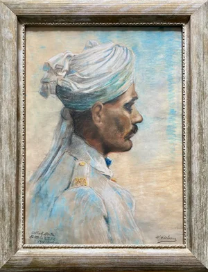 Willem Delsaux, Portrait of an Indian Soldier, Large Pastel, 1918, Framed