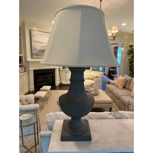 Pretty greige painted wood lamp with sand burlap paneled shade. Great condition with two small scratches on the base that...
