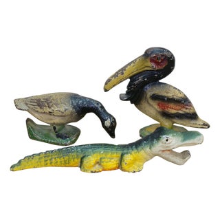 Mid 20th Century Wilton John Wright Cast Iron Figural Bottle Openers Pelican Alligator Goose - Set of 3 For Sale