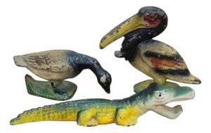Mid 20th Century Wilton John Wright Cast Iron Figural Bottle Openers Pelican Alligator Goose - Set of 3