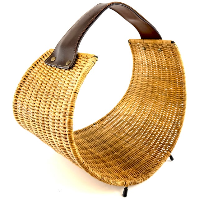 1960s 1960s Mid-Century Rattan Firewood Log Basket With Leather Handle For Sale - Image 5 of 14