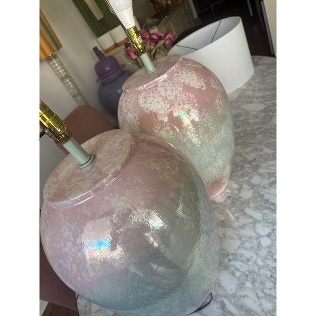 Incredible Table Lamps from Sunset Lamp corp. Perfect harmony of pink and baby blue iridescent massive Ginger Jar lamps....