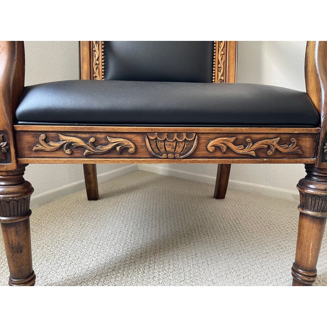 Late 20th Century Carved Throne Armchair With Black Leather Upholstery and Nailhead Trim For Sale - Image 4 of 4