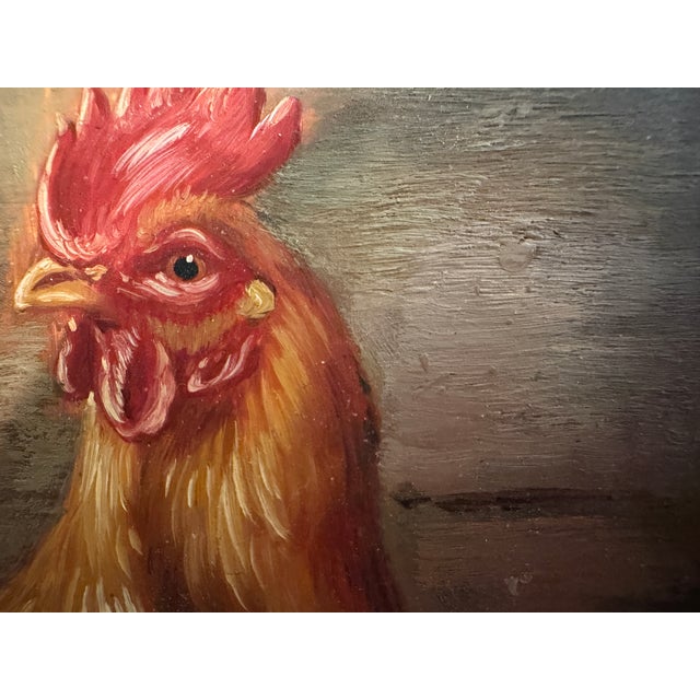 Vintage Signed Rooster and Chickens Oil Painting Farmyard Hen Scene, Gold Frame For Sale - Image 4 of 12