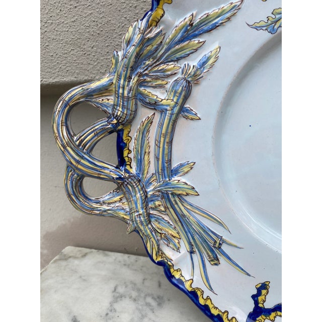 French Faience Handled Platter Botanical signed Saint Clement, circa 1900.