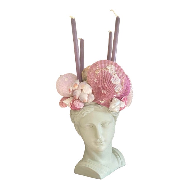 Shell-Encrusted Bust in Farrow & Ball “Blue Gray” With Candle Holders For Sale