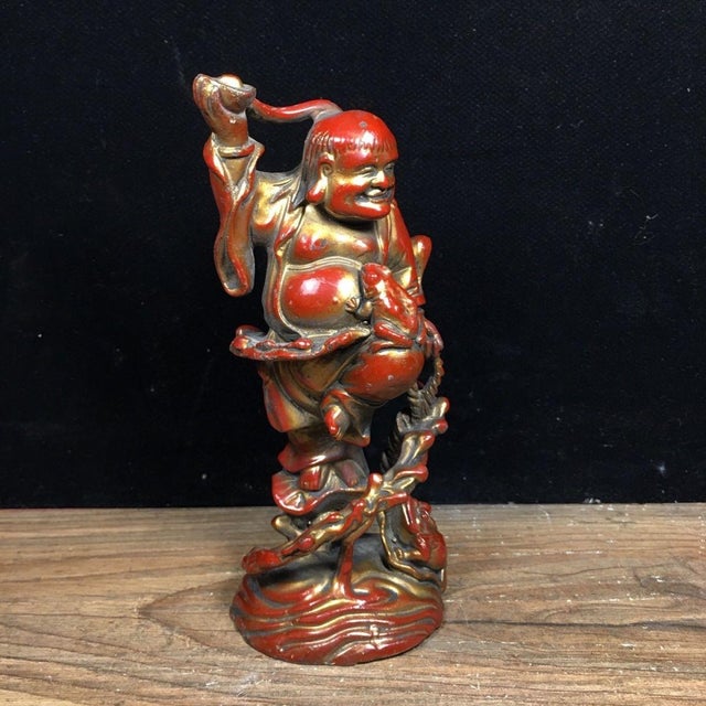 Metal Vintage Solid Bronze Liu Hai Playing With Golden Toad Statue, Wealth Attracting Figurine For Sale - Image 7 of 9