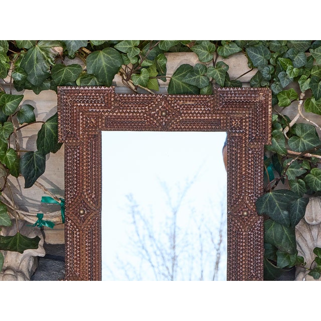 Brown Petite French Tramp Art Mirror with Carved Geometric Frame, circa 1900 For Sale - Image 8 of 12