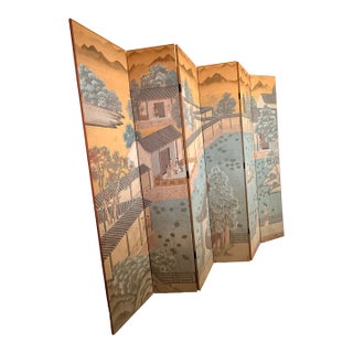 Antique Six Panel Watercolor Floor Screen For Sale