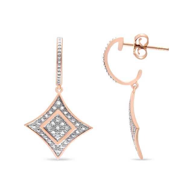 Contemporary 14K Rose Gold Plated .925 Sterling Silver Round-Cut Diamond Accent Dangle Rhombus Earrings (H-I Color, I2-I3 Clarity) For Sale - Image 3 of 5