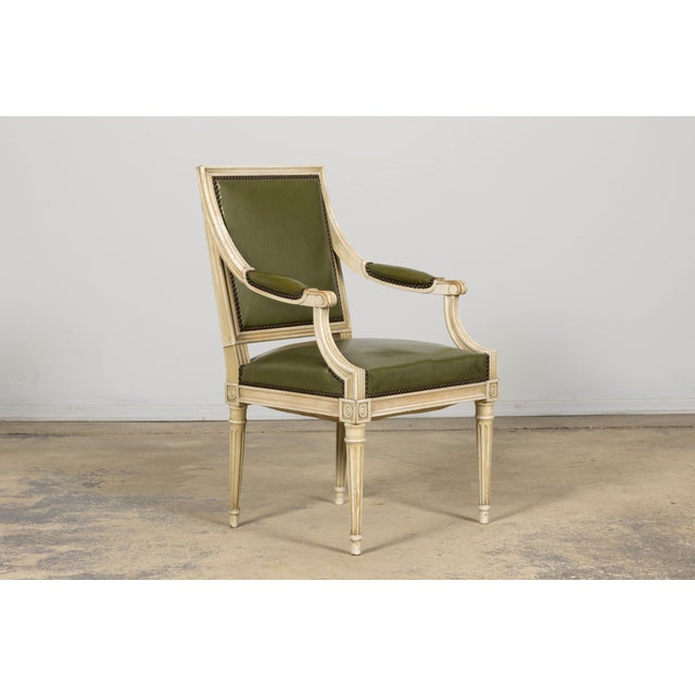Early 20th Century French Louis XVI Style Painted Armchair in Olive Green For Sale - Image 12 of 18