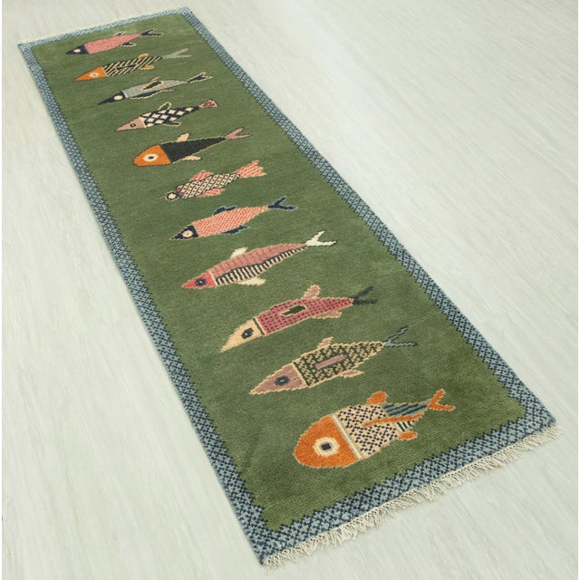 Koi Fish Olive Green Hand Knotted Runner Rug 2.6x6Ft. For Sale - Image 11 of 18