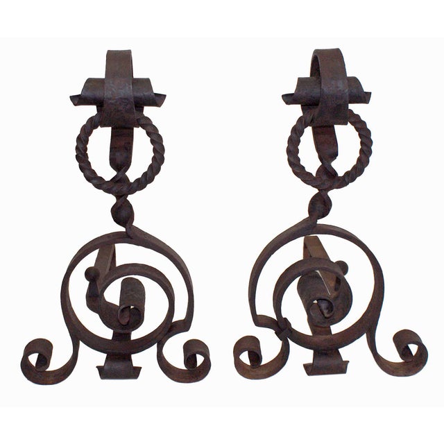 Traditional Andirons Antique Hand Wrought Iron - A Pair For Sale - Image 3 of 3