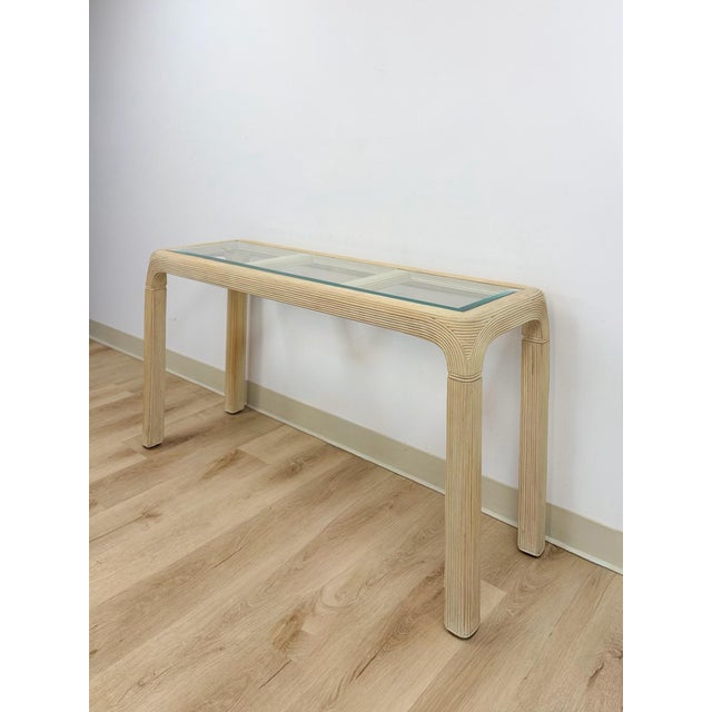 Vintage Console Table Lightwash Pencil Reed Glass Top Coastal Boho MCM For Sale - Image 10 of 10