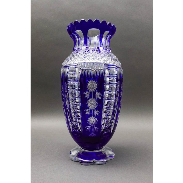 Mid-Century Modern Mid 20th Century Bohemian Czech Cobalt Blue Cut to Clear Crystal Vase With Sawtooth Rim For Sale - Image 3 of 10