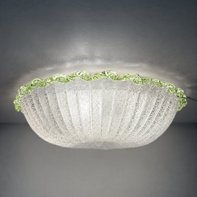Mid-Century Modern Traditional Italian White Graniglia" Budino"Murano Glass Flush Mount in 70' Style With Green Trimming For Sale - Image 3 of 6