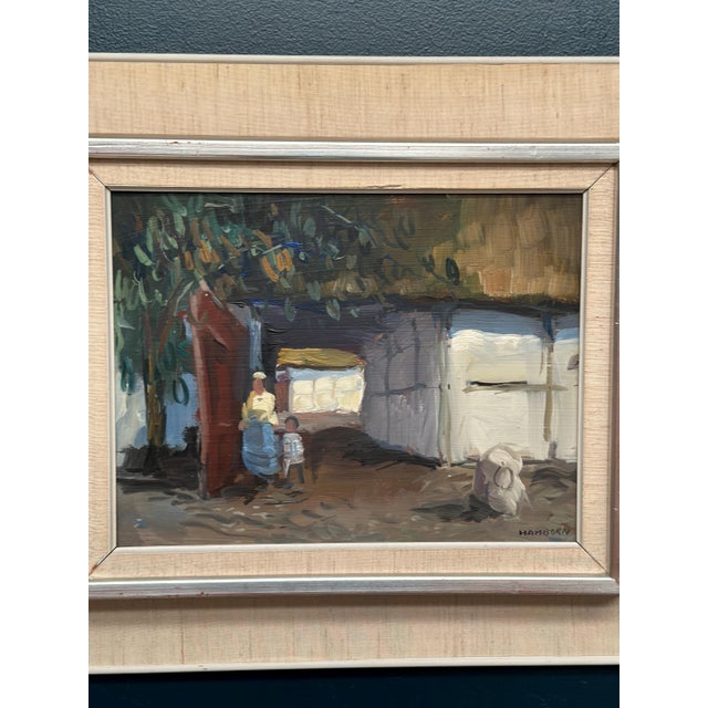 Axel Hamborn, Villagers in Courtyard, 1950s, Oil Painting on Panel, Framed For Sale - Image 17 of 18