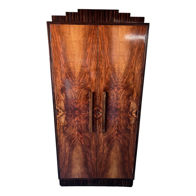 Exceptional Art Deco Petite Armoire in Bookmatched Flamed Walnut & Macassar Detailing For Sale