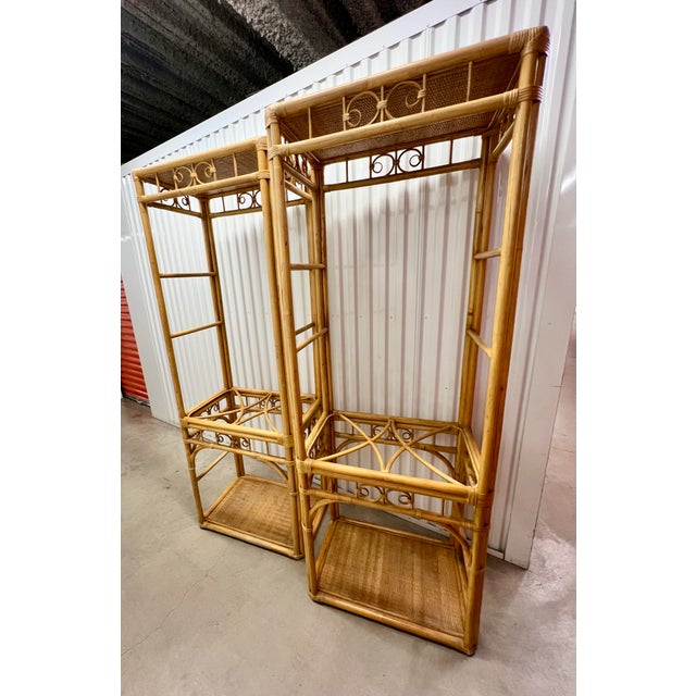 Vintage Bamboo Rattan Etageres With Glass Shelves - A Pair For Sale - Image 9 of 12