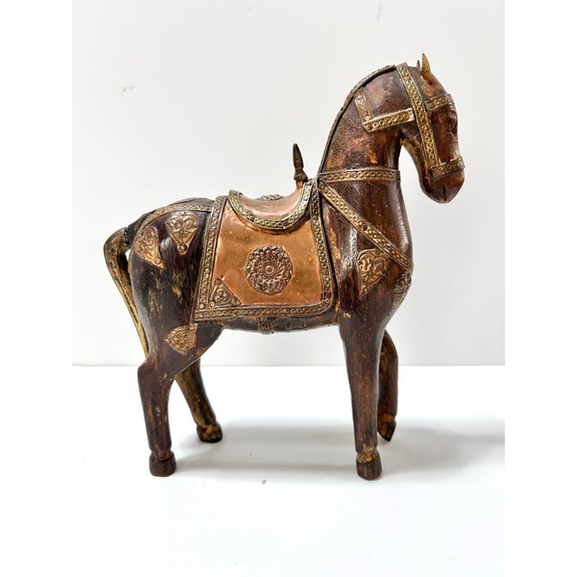 Vintage Carved Wood Horse Sculpture With Brass Inlay For Sale - Image 9 of 10