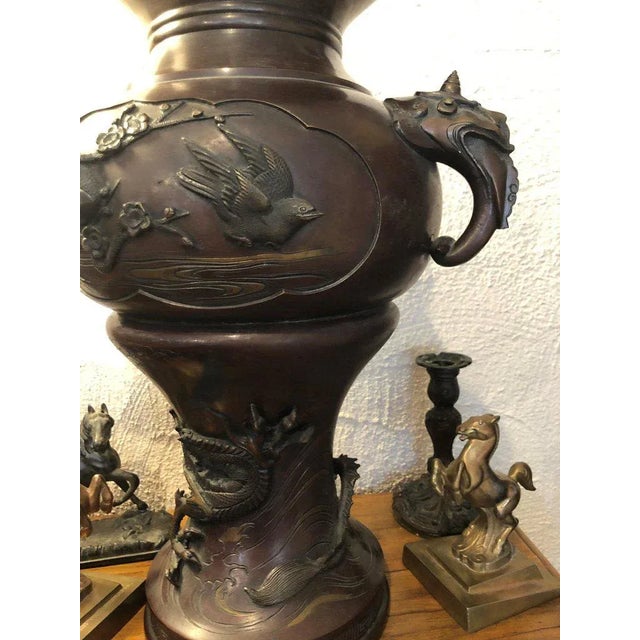 Meiji Period Bronze Twin Handled Urn With Decoration For Sale - Image 10 of 13