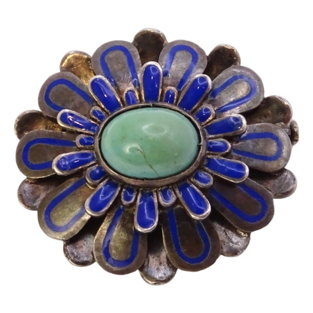Art Nouveau Cabochon Flower Brooch in Antiqued Metal, Enamel and Turquoise, France, 1920s For Sale