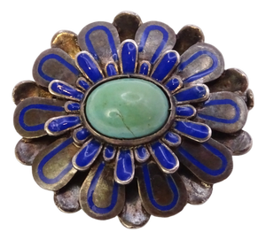 Art Nouveau Cabochon Flower Brooch in Antiqued Metal, Enamel and Turquoise, France, 1920s