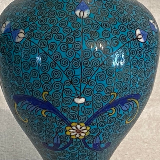Antique Intricate Scroll and Floral Design Chinese Cloisonné Turquoise Vase For Sale - Image 9 of 12