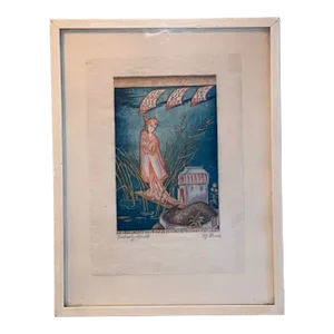 Vintage Whimsical Color Woodblock Print by German Artist Hermann Bruse