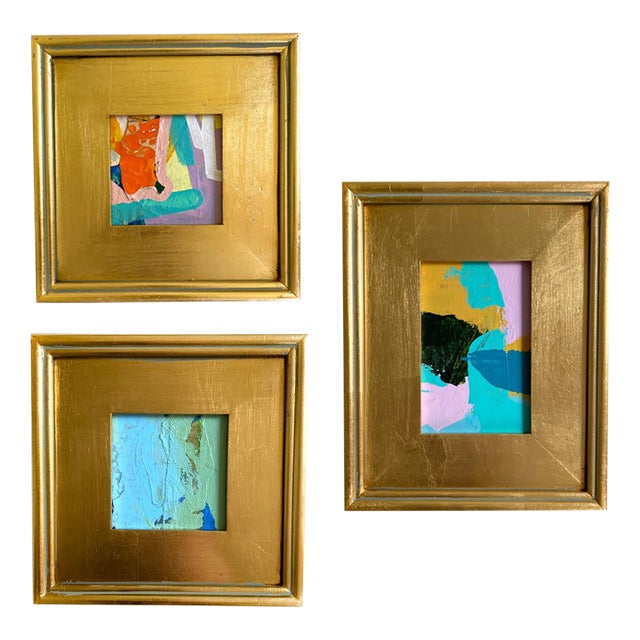 Curated Set of 3 Framed Mini Paintings in Turquoise and Lavender by Jessalin Beutler For Sale