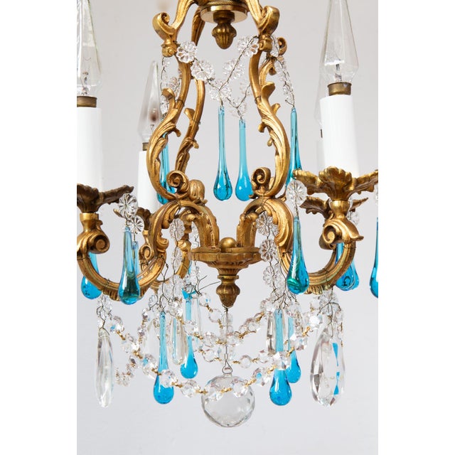 Antique French Chandelier in Bronze Drops Murano Blue, 1950 For Sale - Image 3 of 12