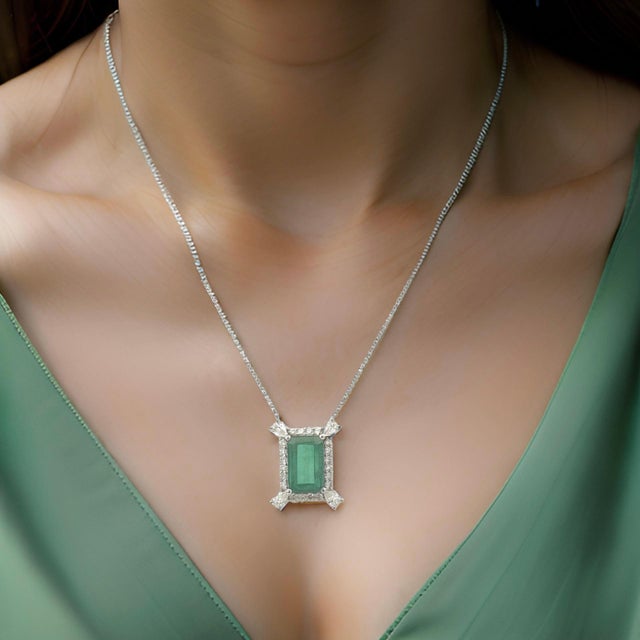 Natural Emerald Diamond Necklace 18" 14k Gold 6.04 TCW Certified For Sale - Image 4 of 12