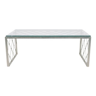1980s Hollywood Regency Nickel-Plated Lattice Coffee Table With Glass Top For Sale