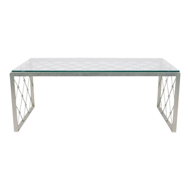 1980s Hollywood Regency Nickel-Plated Lattice Coffee Table With Glass Top For Sale