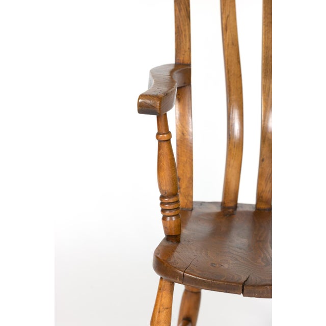 Brown English Elm Vertical Slat Back Armchair Circa 1890 With Turned Legs and H-Stretcher For Sale - Image 8 of 13