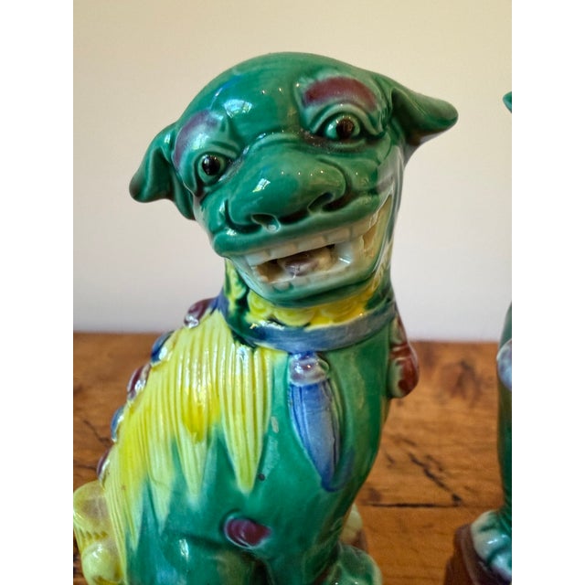 Green Pair of Vintage Colorful Small Chinese Porcelain Foo Dogs For Sale - Image 8 of 9