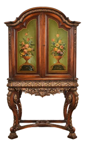 Berkey & Gay Style Antique English Jacobean Carved Walnut Hand Painted Bookcase or Bar Cabinet, Circa 1920s