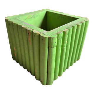 Vintage Folk Art Green Wooden Cachepot Hand Carved Slat Form Rustic Planter For Sale