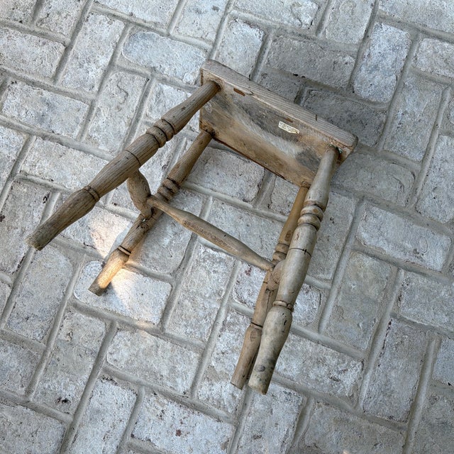 Tan 19th Century English Rustic Weathered Wooden Stool With Turned Legs For Sale - Image 8 of 11