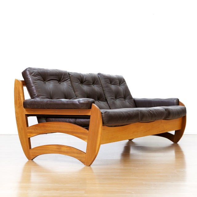 1970s Brown Leather Sofa Teak Sculptural Form For Sale - Image 11 of 15