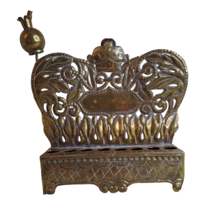 Rare 19thC Polish Brass Hanukkah Menorah Oil Lamp Crown Lions Judaica