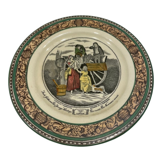Vintage Adams "Cries of London" Transferware Plate With Green Trim For Sale