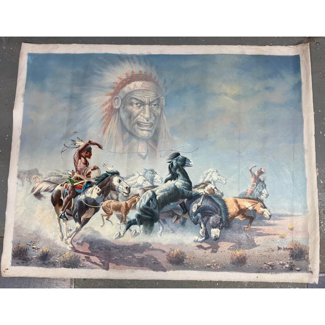 Realism 1970s Original Bill Larsen Native American Indian Chief Horse Hunt Oil Painting Canvas For Sale - Image 3 of 13