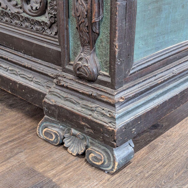 Wood Antique Wooden Trunk With Ornate Carved Details and Hinged Lid For Sale - Image 7 of 10
