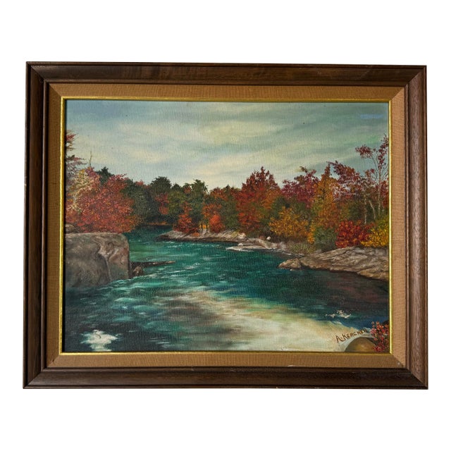 70's Mrs. c.a. Kercher Dayton, Ohio Vintage Autumn River Landscape Painting, Framed For Sale