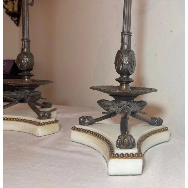 Large Pair Antique 1800's Patinated Bronze Neoclassical Candelabra Candle Holder For Sale - Image 11 of 16