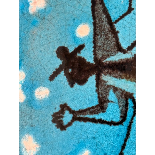 Ceramic 1940s Mid Century Modern Italian Cubist Ceramic Platter Fisherman With Stars Moonlight and Cat in Bright Blue Glaze For Sale - Image 7 of 10