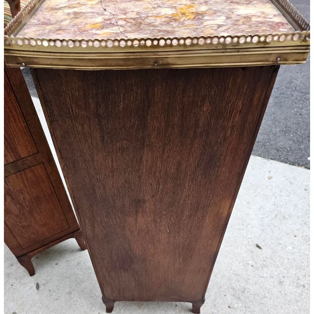 Antique Pair of 19th Century Slender French Directoire Style Mahogany Marble Topped Diminutive Open Bookcases For Sale - Image 11 of 11